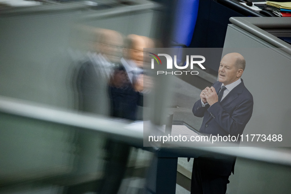 German Chancellor Olaf Scholz holds a Government Declaration at the lower house of Parliament Bundestag in Berlin, Germany, on November 13,...