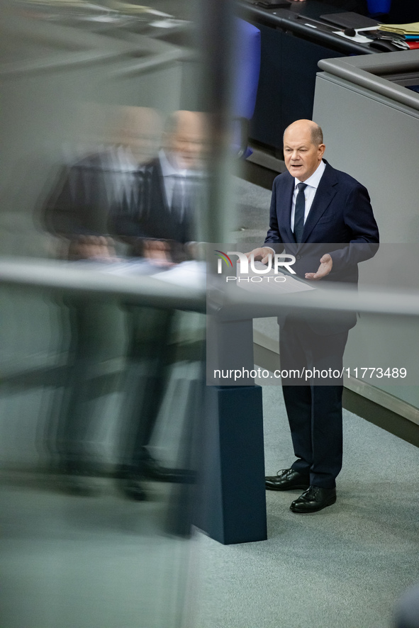 German Chancellor Olaf Scholz holds a Government Declaration at the lower house of Parliament Bundestag in Berlin, Germany, on November 13,...