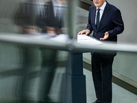 German Chancellor Olaf Scholz holds a Government Declaration at the lower house of Parliament Bundestag in Berlin, Germany, on November 13,...