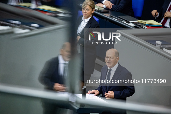 German Chancellor Olaf Scholz holds a Government Declaration at the lower house of Parliament Bundestag in Berlin, Germany, on November 13,...