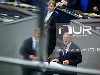 German Chancellor Olaf Scholz holds a Government Declaration at the lower house of Parliament Bundestag in Berlin, Germany, on November 13,...