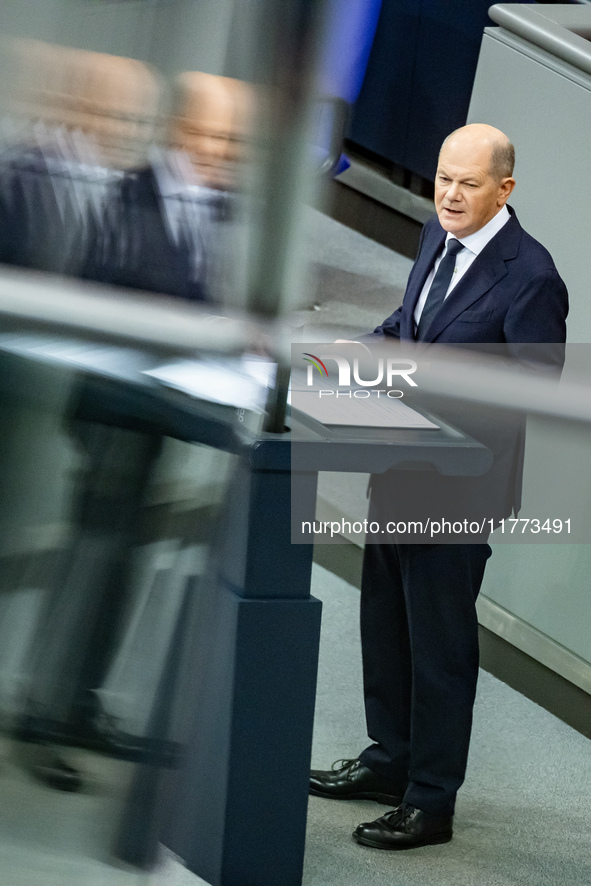 German Chancellor Olaf Scholz holds a Government Declaration at the lower house of Parliament Bundestag in Berlin, Germany, on November 13,...