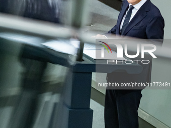 German Chancellor Olaf Scholz holds a Government Declaration at the lower house of Parliament Bundestag in Berlin, Germany, on November 13,...