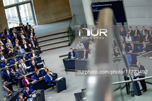 German Chancellor Olaf Scholz holds a Government Declaration at the lower house of Parliament Bundestag in Berlin, Germany, on November 13,...