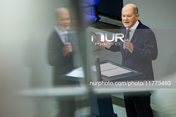 German Chancellor Olaf Scholz holds a Government Declaration at the lower house of Parliament Bundestag in Berlin, Germany, on November 13,...