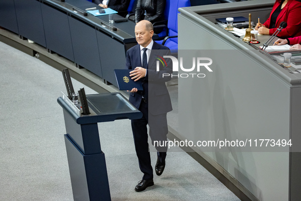 German Chancellor Olaf Scholz holds a Government Declaration at the lower house of Parliament Bundestag in Berlin, Germany, on November 13,...