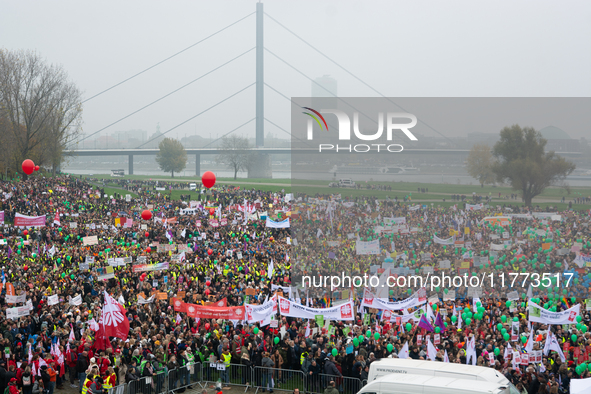 Thousands of public sector workers rally in Duesseldorf, Germany, on November 13, 2024, against state government budget cuts on public secto...