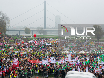 Thousands of public sector workers rally in Duesseldorf, Germany, on November 13, 2024, against state government budget cuts on public secto...