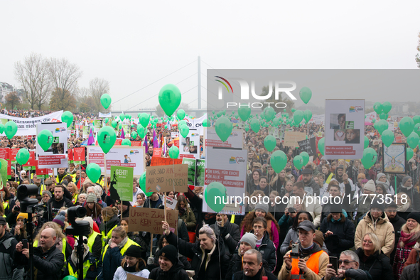 Thousands of public sector workers rally in Duesseldorf, Germany, on November 13, 2024, against state government budget cuts on public secto...