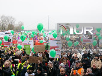 Thousands of public sector workers rally in Duesseldorf, Germany, on November 13, 2024, against state government budget cuts on public secto...