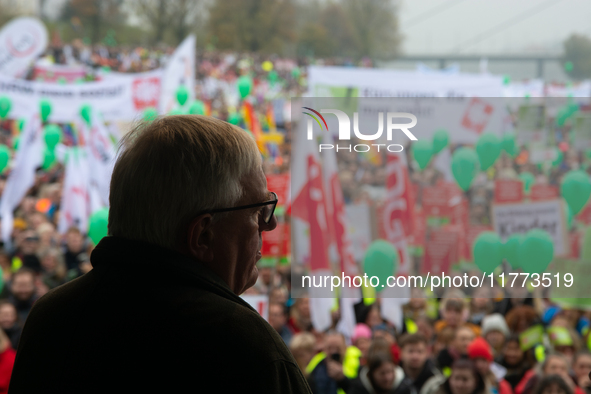 Karl-Josef Laumann, the minister of Labor in NRW, speaks to the protesters as thousands of public sector workers rally in Duesseldorf, Germa...