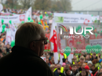 Karl-Josef Laumann, the minister of Labor in NRW, speaks to the protesters as thousands of public sector workers rally in Duesseldorf, Germa...