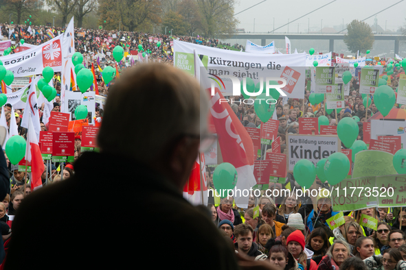 Karl-Josef Laumann, the minister of Labor in NRW, speaks to the protesters as thousands of public sector workers rally in Duesseldorf, Germa...