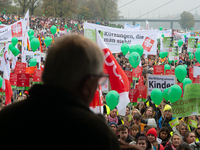 Karl-Josef Laumann, the minister of Labor in NRW, speaks to the protesters as thousands of public sector workers rally in Duesseldorf, Germa...