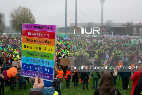 Thousands of public sector workers rally in Duesseldorf, Germany, on November 13, 2024, against state government budget cuts on public secto...