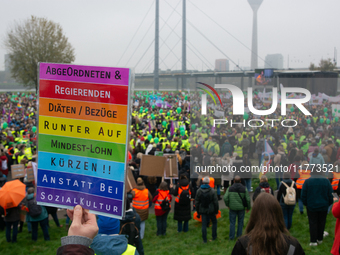 Thousands of public sector workers rally in Duesseldorf, Germany, on November 13, 2024, against state government budget cuts on public secto...