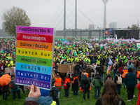 Thousands of public sector workers rally in Duesseldorf, Germany, on November 13, 2024, against state government budget cuts on public secto...