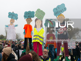 Thousands of public sector workers rally in Duesseldorf, Germany, on November 13, 2024, against state government budget cuts on public secto...