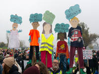 Thousands of public sector workers rally in Duesseldorf, Germany, on November 13, 2024, against state government budget cuts on public secto...