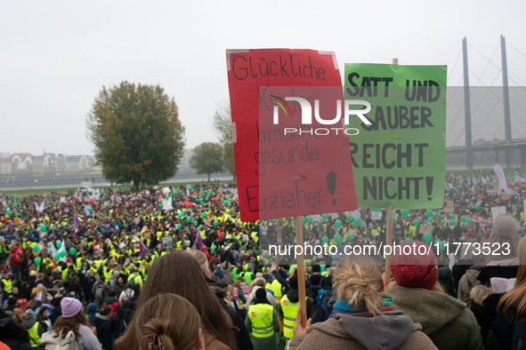 Thousands of public sector workers rally in Duesseldorf, Germany, on November 13, 2024, against state government budget cuts on public secto...