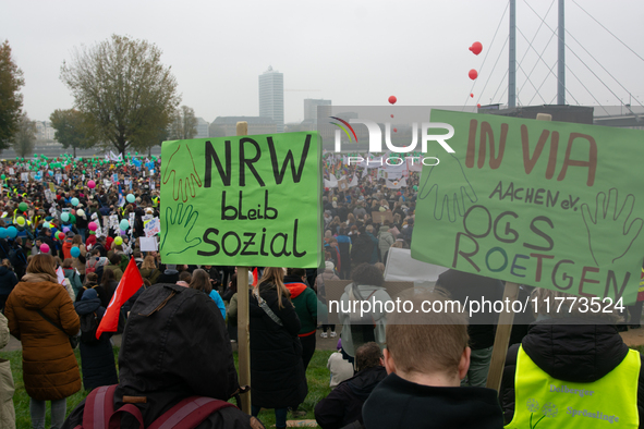 Thousands of public sector workers rally in Duesseldorf, Germany, on November 13, 2024, against state government budget cuts on public secto...