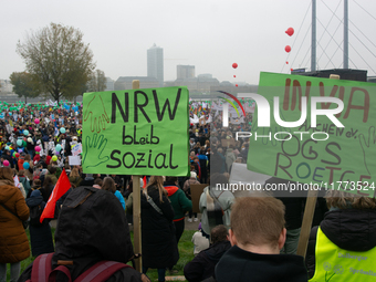 Thousands of public sector workers rally in Duesseldorf, Germany, on November 13, 2024, against state government budget cuts on public secto...