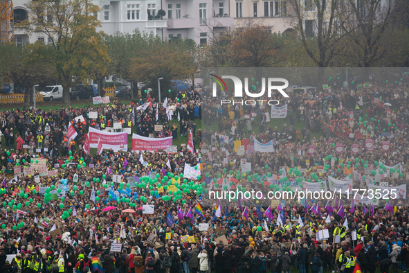 Thousands of public sector workers rally in Duesseldorf, Germany, on November 13, 2024, against state government budget cuts on public secto...