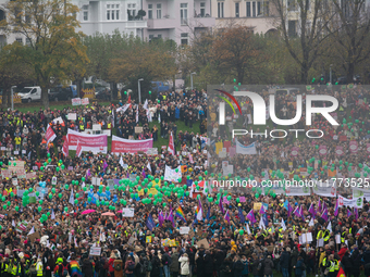 Thousands of public sector workers rally in Duesseldorf, Germany, on November 13, 2024, against state government budget cuts on public secto...