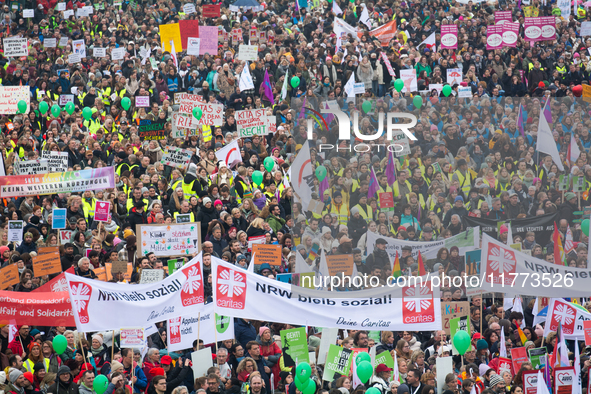 Thousands of public sector workers rally in Duesseldorf, Germany, on November 13, 2024, against state government budget cuts on public secto...