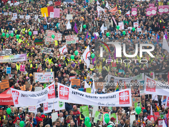 Thousands of public sector workers rally in Duesseldorf, Germany, on November 13, 2024, against state government budget cuts on public secto...