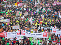 Thousands of public sector workers rally in Duesseldorf, Germany, on November 13, 2024, against state government budget cuts on public secto...