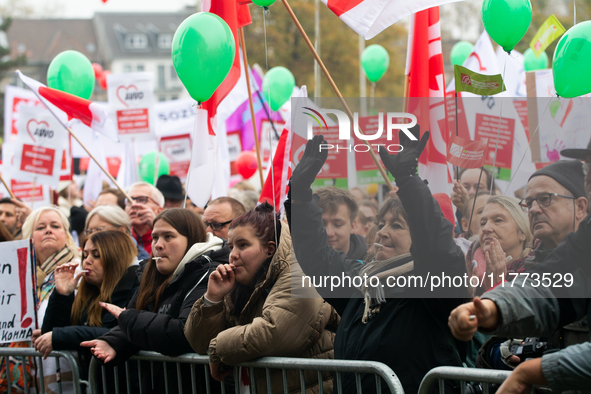 Thousands of public sector workers rally in Duesseldorf, Germany, on November 13, 2024, against state government budget cuts on public secto...