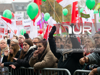 Thousands of public sector workers rally in Duesseldorf, Germany, on November 13, 2024, against state government budget cuts on public secto...