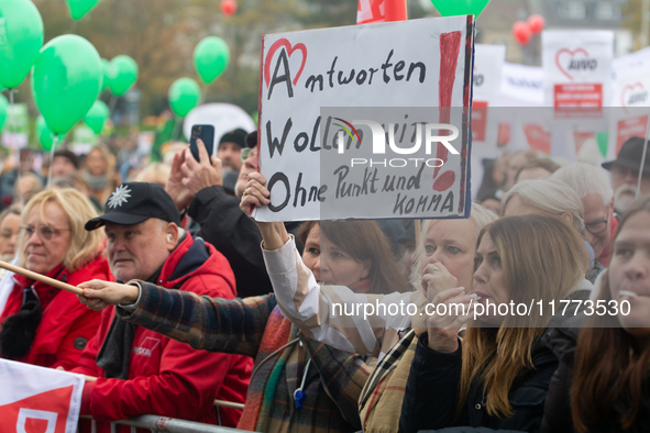 Thousands of public sector workers rally in Duesseldorf, Germany, on November 13, 2024, against state government budget cuts on public secto...