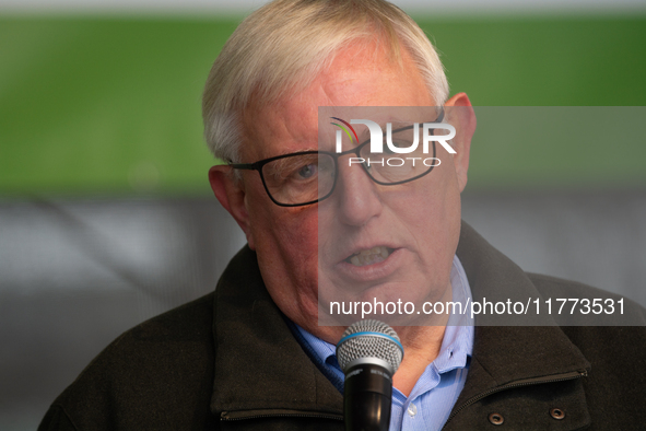 Karl-Josef Laumann, the minister of Labor in NRW, speaks to the protesters as thousands of public sector workers rally in Duesseldorf, Germa...