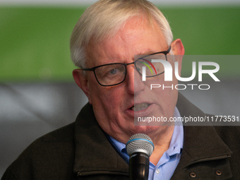 Karl-Josef Laumann, the minister of Labor in NRW, speaks to the protesters as thousands of public sector workers rally in Duesseldorf, Germa...