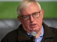 Karl-Josef Laumann, the minister of Labor in NRW, speaks to the protesters as thousands of public sector workers rally in Duesseldorf, Germa...