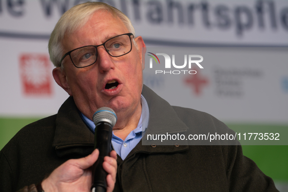 Karl-Josef Laumann, the minister of Labor in NRW, speaks to the protesters as thousands of public sector workers rally in Duesseldorf, Germa...