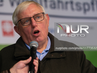 Karl-Josef Laumann, the minister of Labor in NRW, speaks to the protesters as thousands of public sector workers rally in Duesseldorf, Germa...