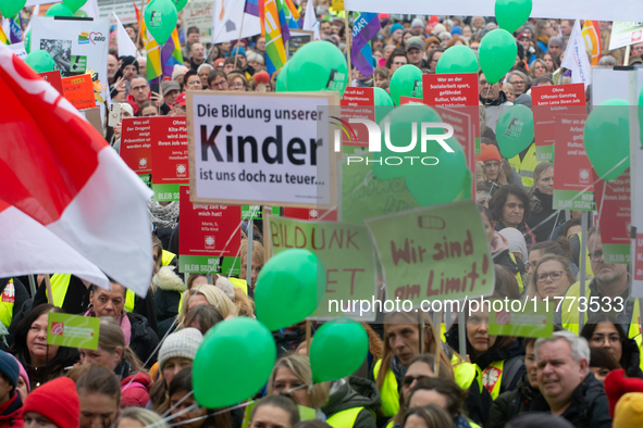 Thousands of public sector workers rally in Duesseldorf, Germany, on November 13, 2024, against state government budget cuts on public secto...