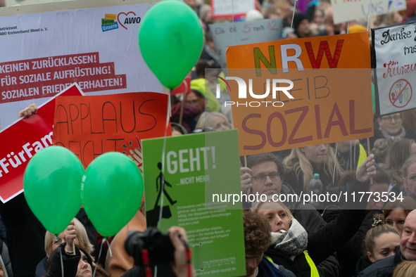 Thousands of public sector workers rally in Duesseldorf, Germany, on November 13, 2024, against state government budget cuts on public secto...