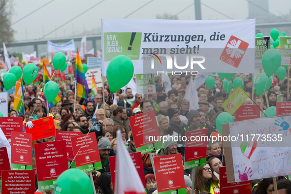 Thousands of public sector workers rally in Duesseldorf, Germany, on November 13, 2024, against state government budget cuts on public secto...