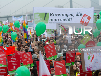 Thousands of public sector workers rally in Duesseldorf, Germany, on November 13, 2024, against state government budget cuts on public secto...