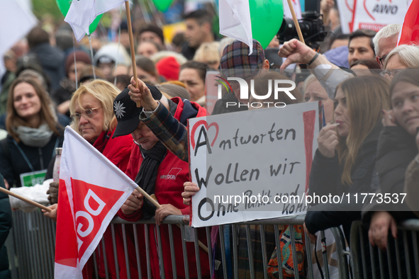 Thousands of public sector workers rally in Duesseldorf, Germany, on November 13, 2024, against state government budget cuts on public secto...