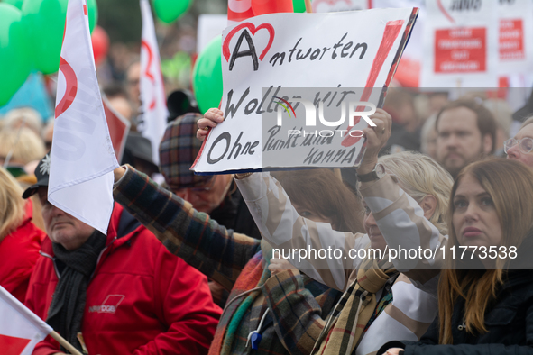 Thousands of public sector workers rally in Duesseldorf, Germany, on November 13, 2024, against state government budget cuts on public secto...