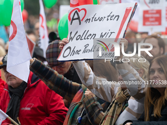 Thousands of public sector workers rally in Duesseldorf, Germany, on November 13, 2024, against state government budget cuts on public secto...