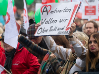 Thousands of public sector workers rally in Duesseldorf, Germany, on November 13, 2024, against state government budget cuts on public secto...