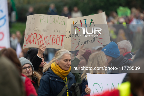 Thousands of public sector workers rally in Duesseldorf, Germany, on November 13, 2024, against state government budget cuts on public secto...