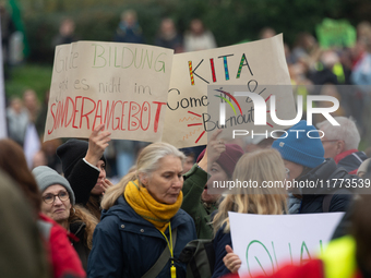 Thousands of public sector workers rally in Duesseldorf, Germany, on November 13, 2024, against state government budget cuts on public secto...