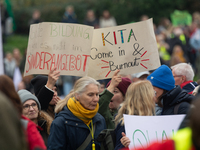 Thousands of public sector workers rally in Duesseldorf, Germany, on November 13, 2024, against state government budget cuts on public secto...